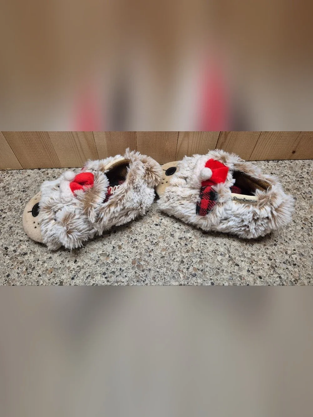 ​Dearfoams Lil Bear Toddler Slippers Size 5-6 Santa Hat Faux Fur Plaid Christmas